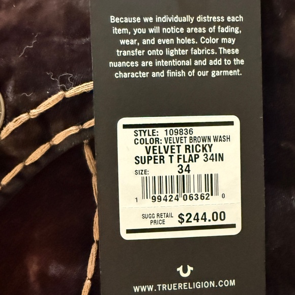 True Religion RICKY BROWN VELVET SUPER T STRAIGHT JEAN 34” - Picture 4 of 6